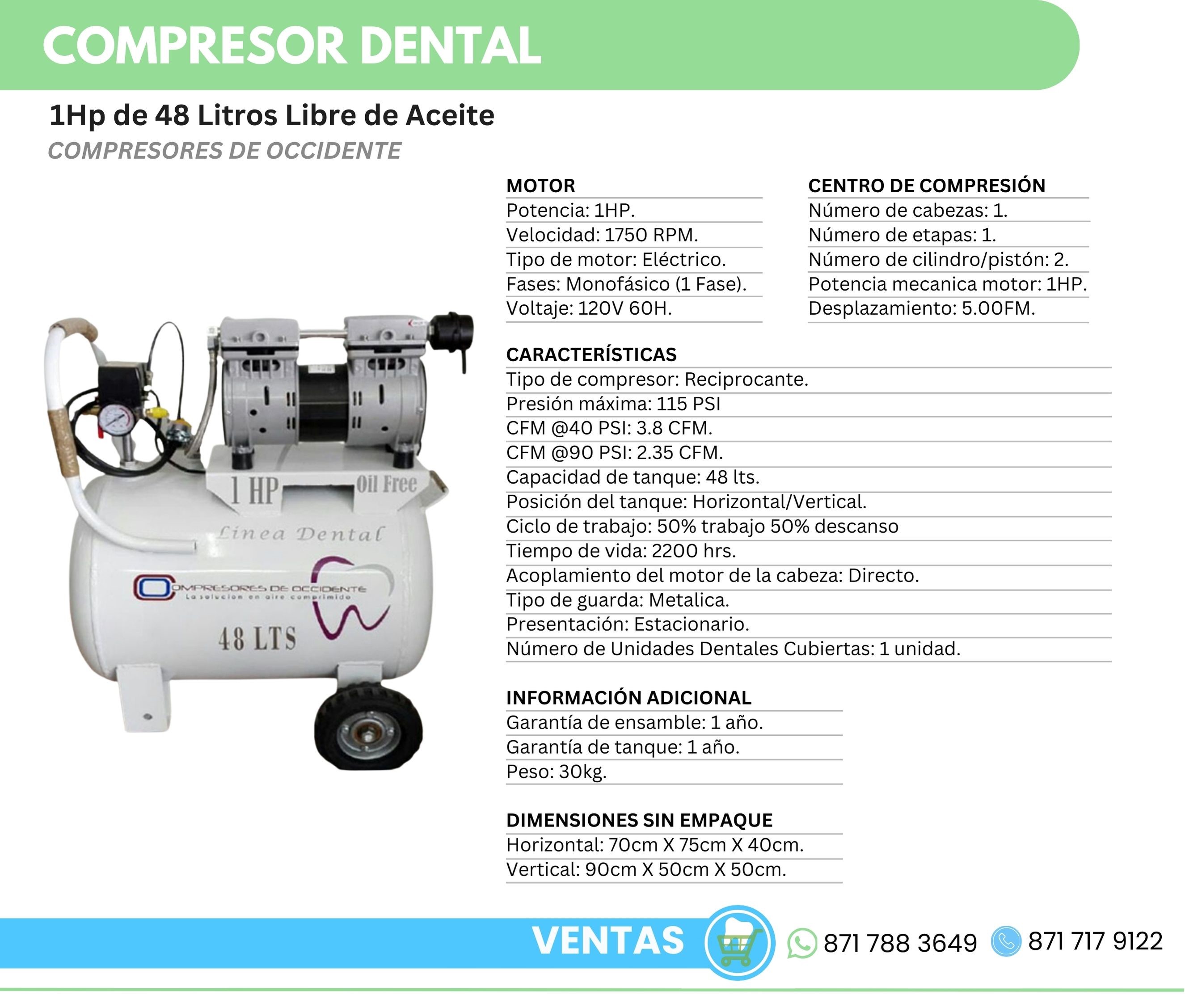 Compresor Dental 1 HP 48 Litros Libre De Aceite Compresores De Occidente